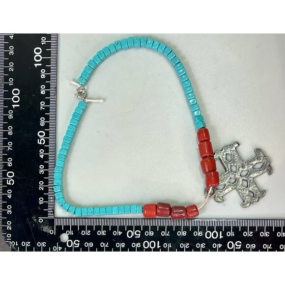 VTG Native American Turquoise & Red Coral Cross Necklace Sterling Silver Pendant - Picture 12 of 15